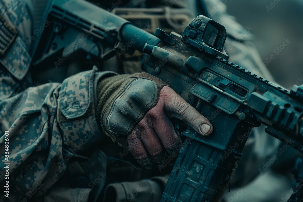 Close-Up of a Soldier's Hand on a Weapon
