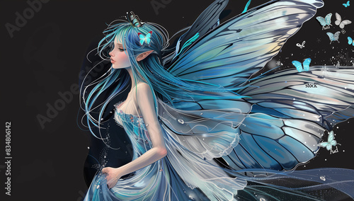 Beautiful fairy with long blue hair and butterfly wings