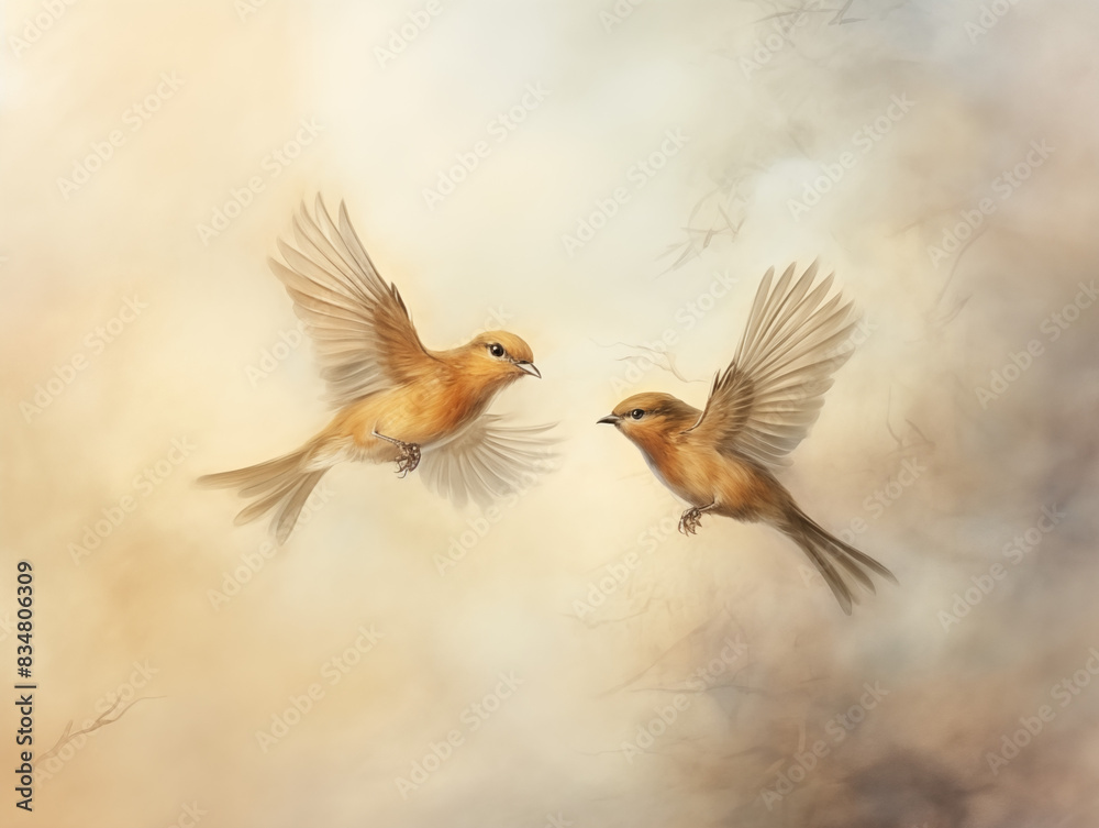 two sparrow birds flying in sky grungy texture background, vintage classic watercolor style illustration artwork isolated on white background two sparrow birds flying in sky grungy texture background, vintage classic watercolor style illustration artwork isolated on white background