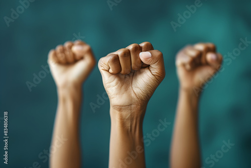 Image of raised fists in celebration of Juneteenth, African Liberation Day, and Black History Month.