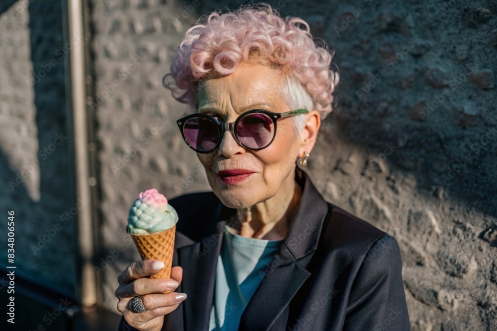 Portrait of an extraordinary, stylish, fashionable elderly woman, a pensioner of 70 years old, with ice cream in her hands on a city street. The concept of happy seniors and delicious desserts.