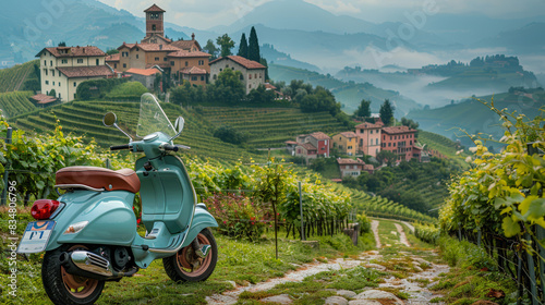 Classic teal   scooter parked on a quaint vineyard path in a picturesque Italian village