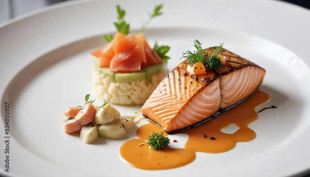 delicious salmon on a white porcelain plate in a luxury restaurant delicious salmon on a white porcelain plate in a luxury restaurant