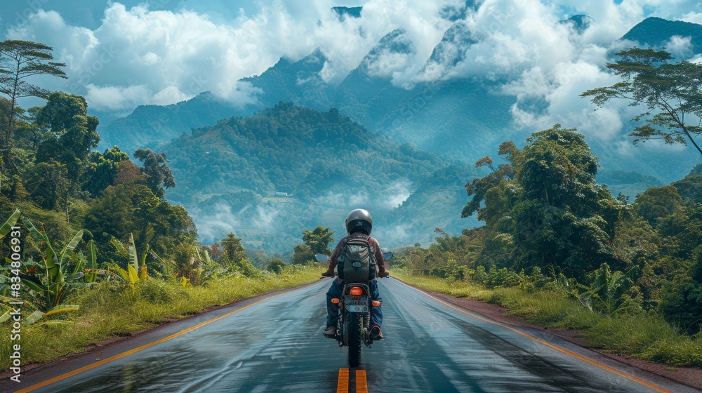 A motorcyclist rides on a wet road, with misty mountains and lush greenery surrounding them A motorcyclist rides on a wet road, with misty mountains and lush greenery surrounding them
