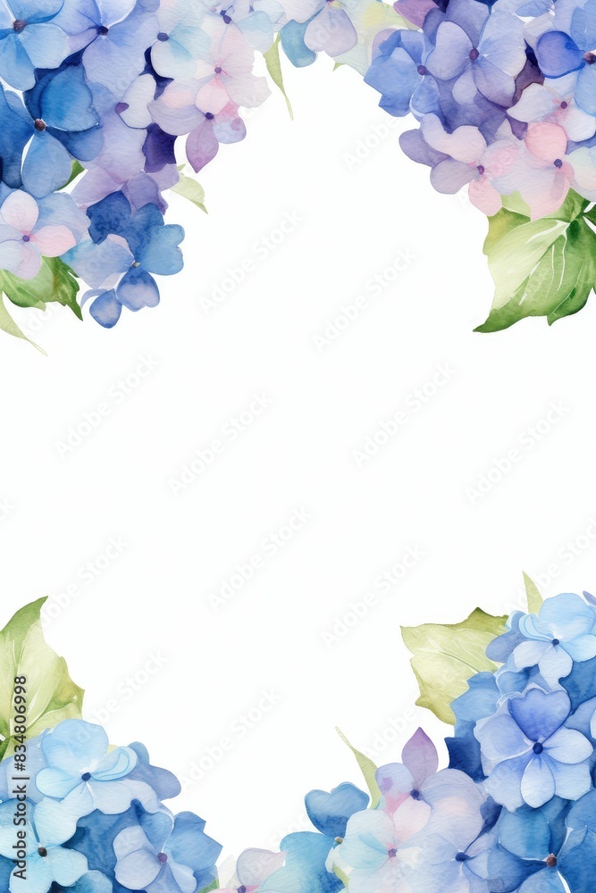 hydrangea themed frame or border for photos and text.with clusters of blue, purple, and pink flowers, white color background. hydrangea themed frame or border for photos and text.with clusters of blue, purple, and pink flowers, white color background.