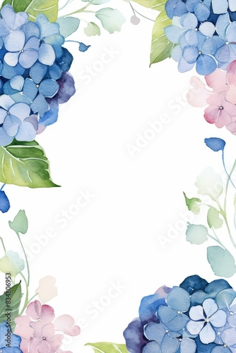 hydrangea themed frame or border for photos and text.with clusters of blue, purple, and pink flowers, white color background. 