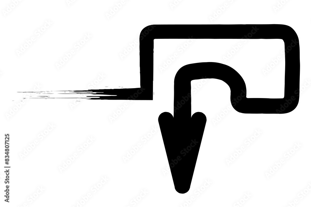 Arrow. Sketch. The black arrow, forming a hook, is directed to the right and down. Hand drawn sign. Vector illustration. Directional signs made from brush strokes. Outline on isolated white background Arrow. Sketch. The black arrow, forming a hook, is directed to the right and down. Hand drawn sign. Vector illustration. Directional signs made from brush strokes. Outline on isolated white background