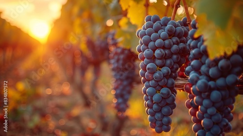 Sunlight illuminates clusters of ripe grapes hanging in a vineyard during sunset, highlighting the fruits