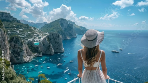 Holidays in Capri, Italy. Young fashion woman enjoying landscape from balcony in Capri Island, Italy.