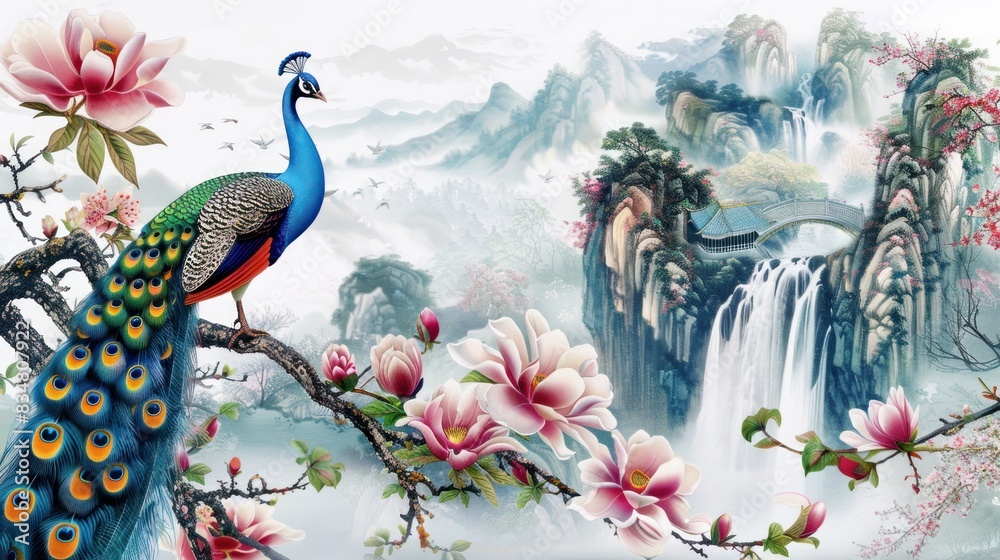 Fototapeta 3D peacock sitting on a magnolia tree branch wallpaper