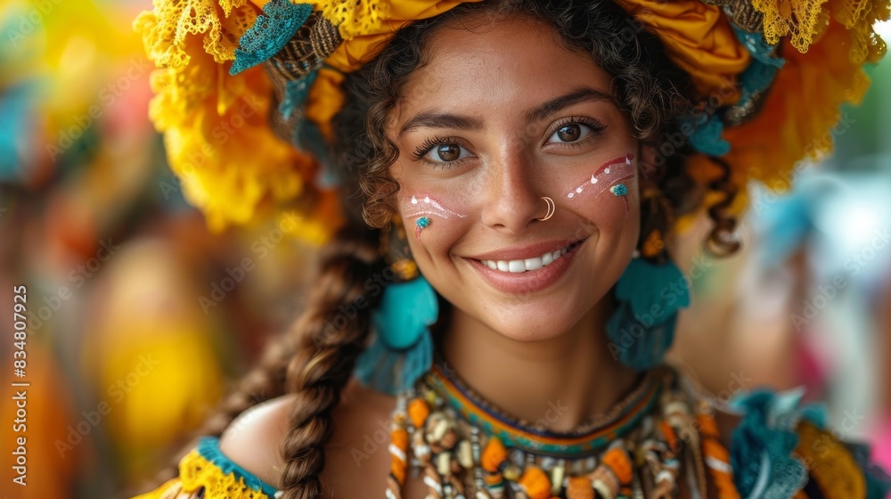 Vibrant close-up of a smiling carnival dancer with colorful, beaded accessories and face paint Vibrant close-up of a smiling carnival dancer with colorful, beaded accessories and face paint