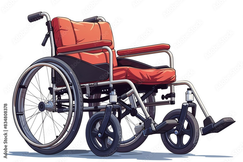 Red wheelchair with cushioned seat and sturdy wheels, providing mobility and comfort for individuals with physical disabilities. Red wheelchair with cushioned seat and sturdy wheels, providing mobility and comfort for individuals with physical disabilities.