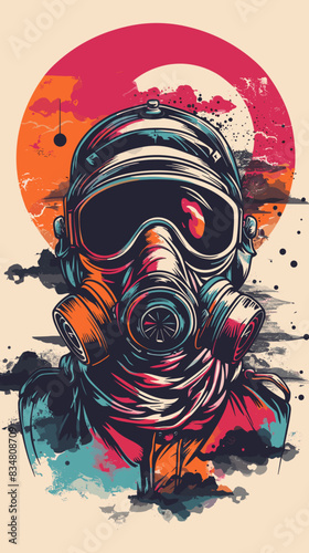 vector illustration of a gas mask on a background of a red sun.