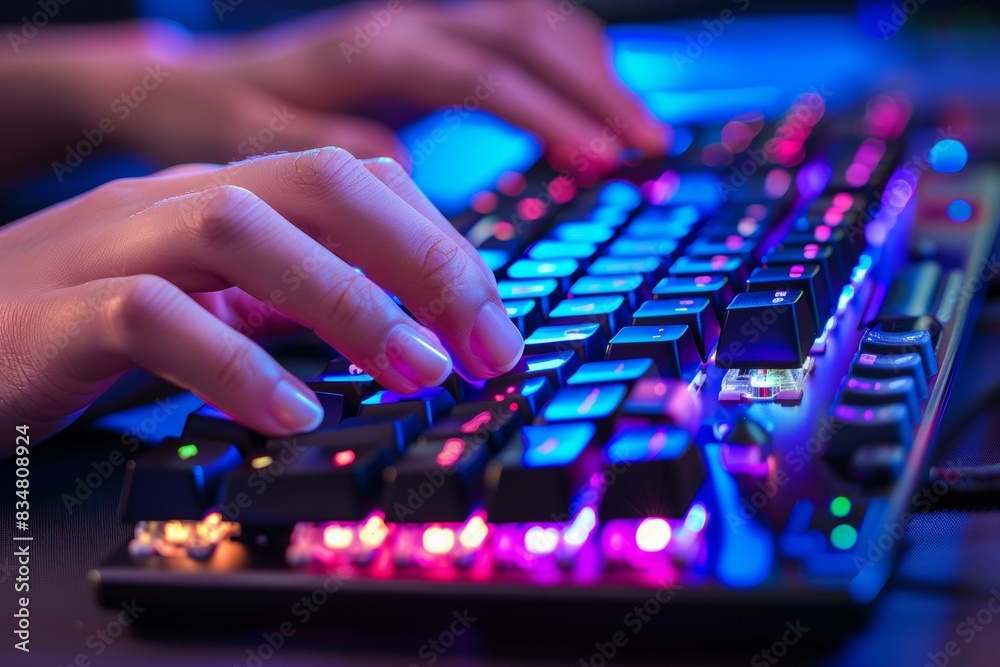 Hands are typing on an advanced mechanical keyboard with vibrant RGB colors.