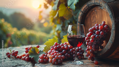 A scenic composition featuring a glass of red wine beside grape clusters and a wooden barrel  with a warm sunset backdrop