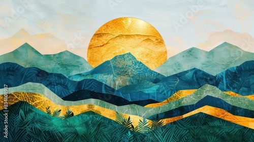 Abstract mountain range with golden sun, blue sky wallpaper photo