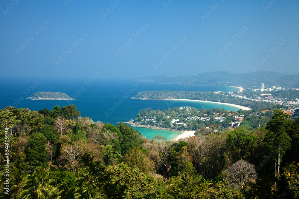 Fototapeta premium a city and sea with some trees on both sides of it