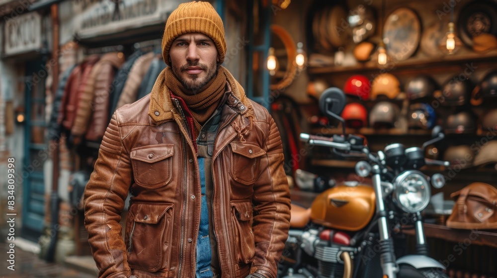 Fototapeta premium Stylish man at motorbike store with various helmets and a motorcycle in the background
