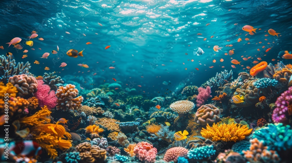 An underwater seascape showcases a diverse coral reef bustling with colorful fish and marine life An underwater seascape showcases a diverse coral reef bustling with colorful fish and marine life