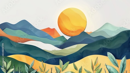 Abstract mountain range with golden sun  blue sky wallpaper