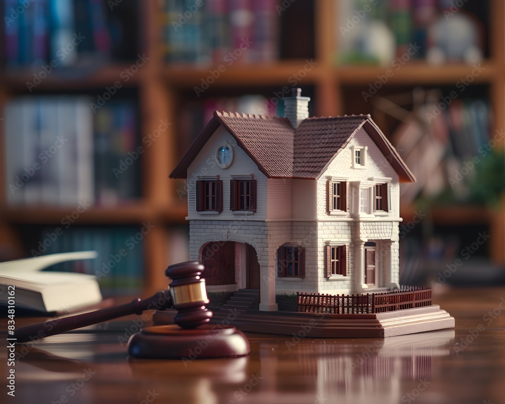 Close up of miniature house and gavel on table. The scene captures the concept of real estate law or home slightly worn out. Close up of miniature house and gavel on table. The scene captures the concept of real estate law or home slightly worn out.