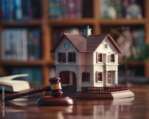 Close up of miniature house and gavel on table. The scene captures the concept of real estate law or home slightly worn out.