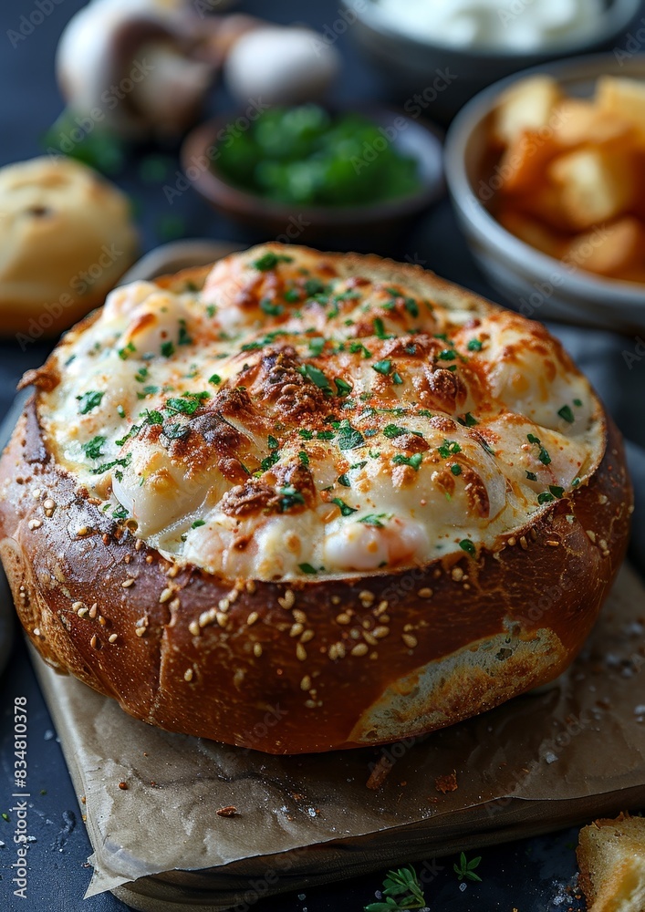 Clam Chowder - Creamy clam chowder in a bread bowl.