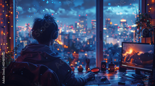 An illustration of a guy working at his desk and watching the sunset over a big city, comic style, manga style, anime style 4K 16:9