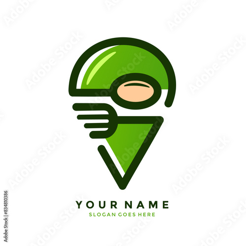 vector illustration of map point logo and cutlery. Creative combination design of GPS icon and cutlery