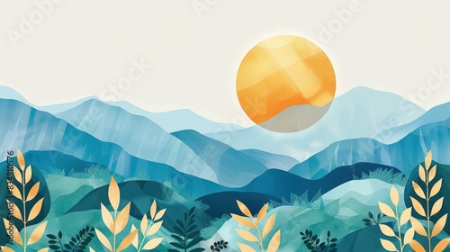 Abstract mountain range with golden sun, blue sky wallpaper