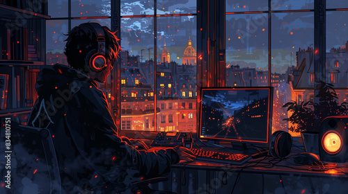 An illustration of a guy working at his desk and watching the sunset over a big city, comic style, manga style, anime style 4K 16:9
