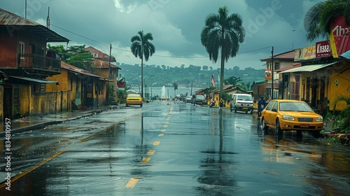 A moody street scene capturing a wet road reflecting the urban environment, with yellow taxis and buildings under a rainy sky photo
