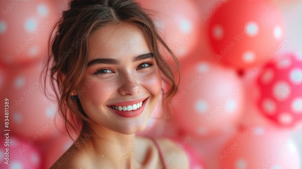 A vibrant young woman with freckles smiling in a room full of pink polka-dot balloons