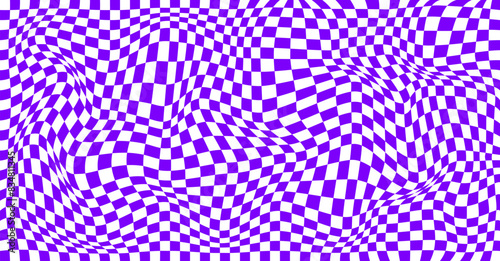 Abstract design for banner. Checkered wavy pattern. Chessboard surface with warped effect. Violet and white distorted geometric graphic background. Awry chess square pattern. Vector illustration
