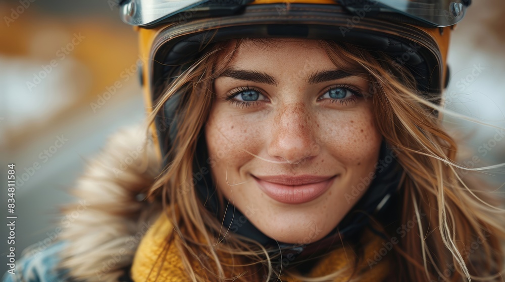 Close-up of a joyful female skier wearing a helmet and goggles, showcasing her freckles and smile Close-up of a joyful female skier wearing a helmet and goggles, showcasing her freckles and smile