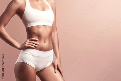 Portrait of a woman in white activewear showcasing a toned and fit body against a plain background with ample copy space for text or design elements 