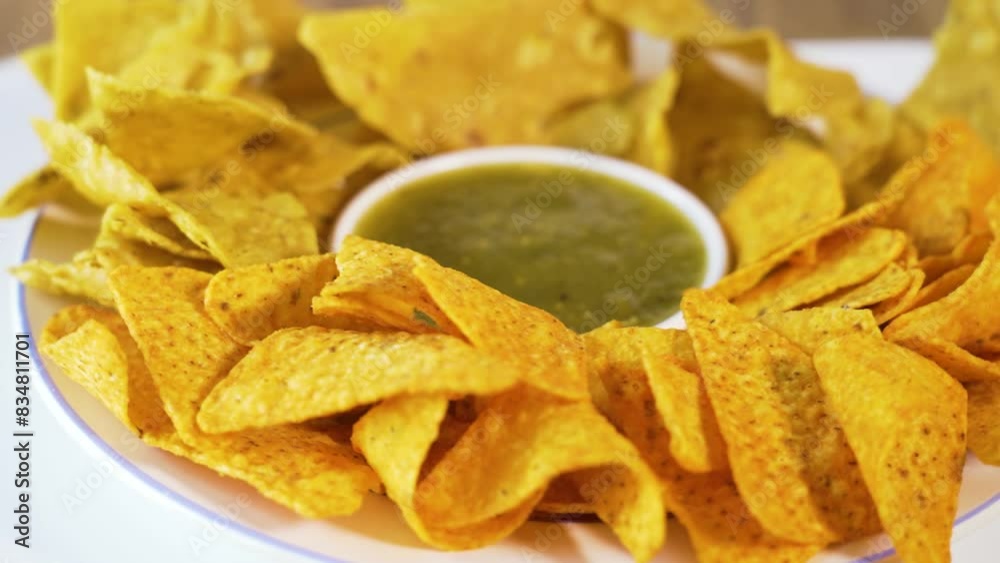 spinning tortilla chips plate and guacamole dip, rotating dish, nacho snack spinning tortilla chips plate and guacamole dip, rotating dish, nacho snack