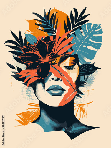 Beautiful woman face with tropical flowers and leaves. Vector illustration