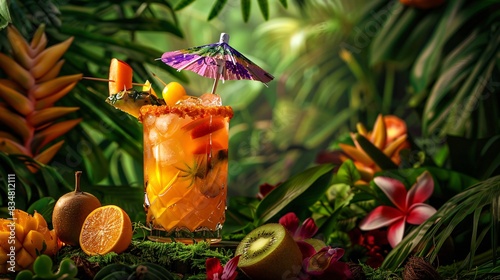 A tantalizing portrayal of a fruity Mai Tai cocktail, served in a tiki glass with a colorful umbrella and skewered fruit garnish, nestled among tropical foliage and exotic flowers, evoking visions of photo