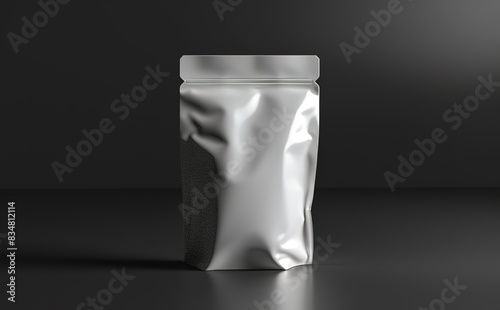 White blank foil doypack mockup, isolated on a dark grey background with a clipping path and shadow. Mock up template for a branding design of a product packaging