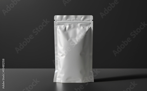 White blank foil doypack mockup, isolated on a dark grey background with a clipping path and shadow. Mock up template for a branding design of a product packaging