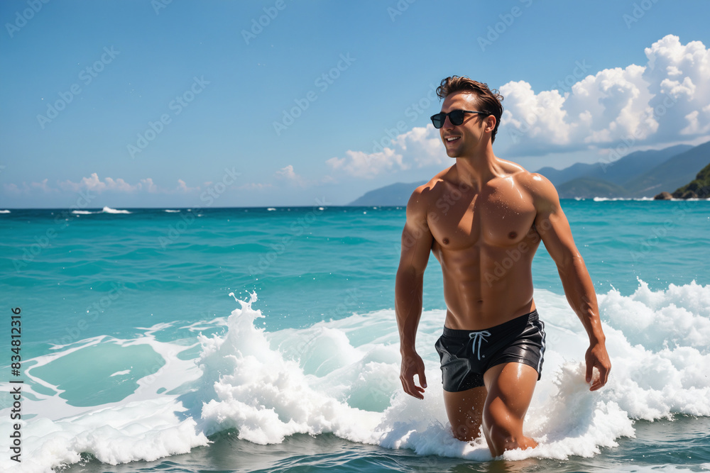 muscular man in black swimming trunks at the beach