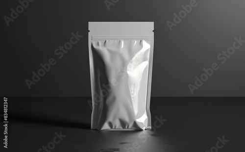 White blank foil doypack mockup, isolated on a dark grey background with a clipping path and shadow. Mock up template for a branding design of a product packaging