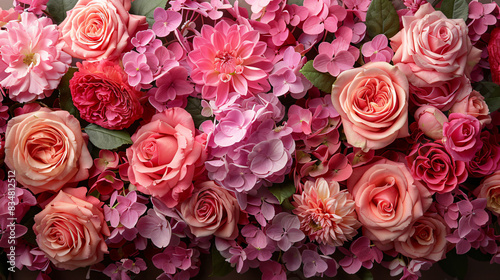 A wall adorned with a dense arrangement of pink