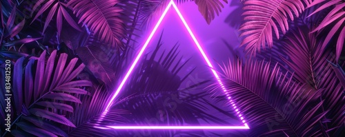 Purple neon triangle with white outline surrounded by vibrant tropical leaves under colorful lighting