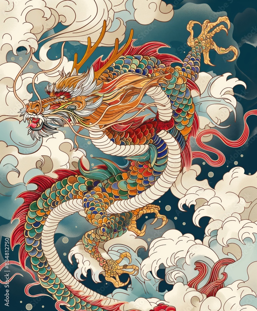 Colorful Dragon Soaring Above Waves and Clouds in Traditional Japanese Art