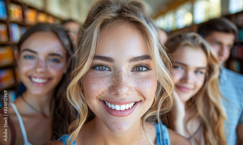 International Students Posing for Selfie in School Library, Happy Diverse Group of Successful Youth Celebrating Achievement, Cheerful and Academic Atmosphere