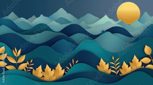 Abstract mountain range with golden sun  blue sky wallpaper