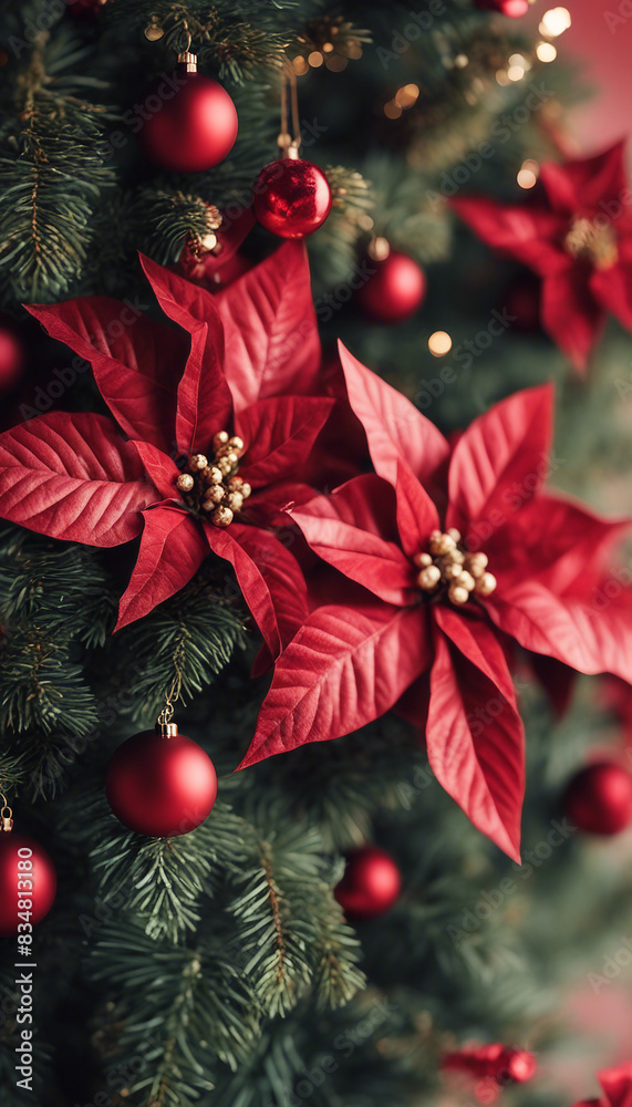 Christmas decoration Frame of flowers of red poinsettia branch christmas tree Christmas decoration Frame of flowers of red poinsettia branch christmas tree
