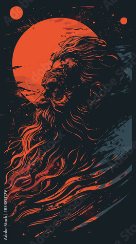 Vector illustration of a woman with long hair in front of the sun.